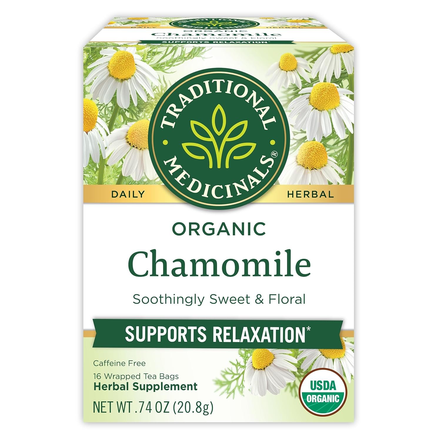 Traditional Medicinals Organic, Chamomile Tea – Supports Stress Relief and Relaxation – Kosher, Non-GMO, Caffeine-Free, Compostable – 16 Tea Bags