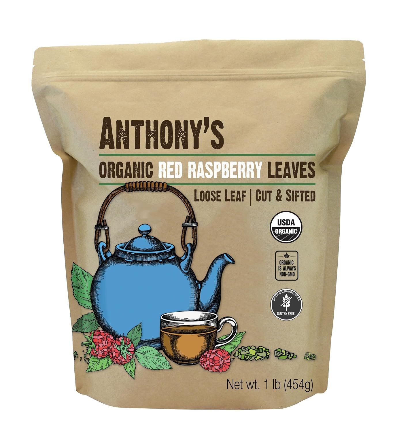 Anthony’s Organic Red Raspberry Leaves, 1 lb, Cut & Sifted, Gluten Free, Non GMO, Non Irradiated, Keto Friendly