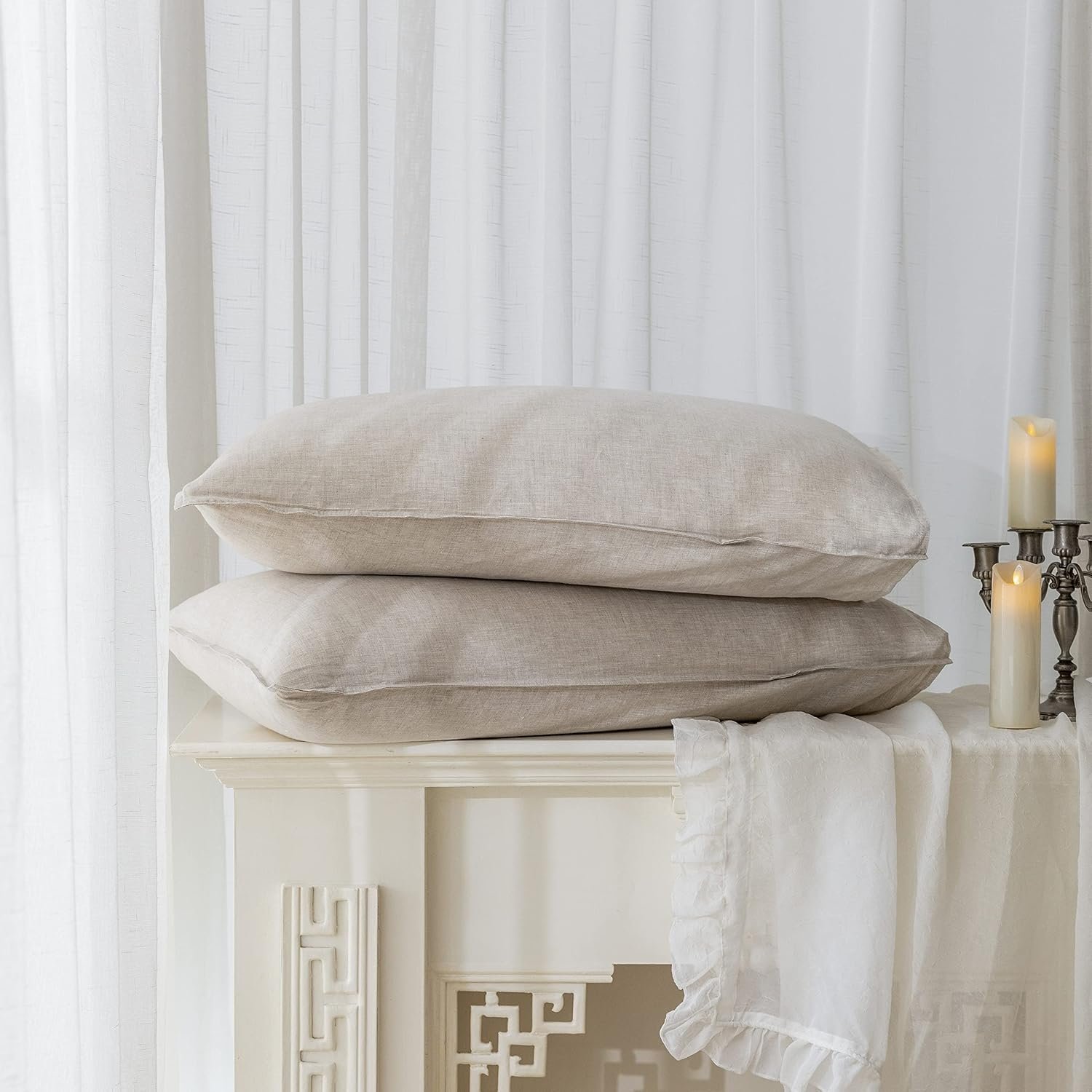 EVERLY 100% Linen Pillowcases Set of 2, Envelope Overlap Closure French Natural Washed Flax Pillowcases 20x36inches-Natural Linen