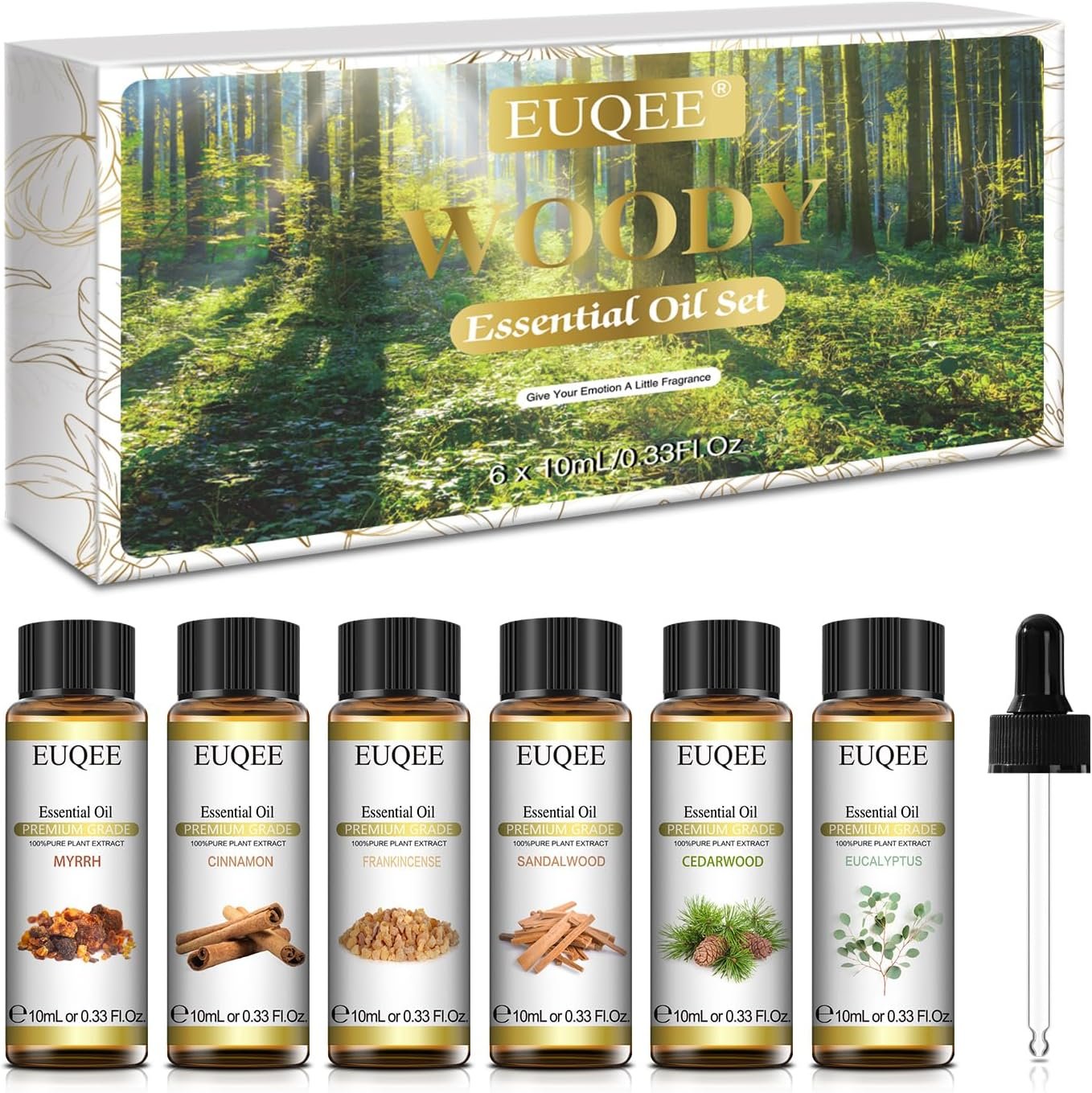 EUQEE 10ml Woody Essential Oils Set – Pure & Nature Essential Oils for Aromatherapy, Diffuser, Candle Making, Massage – Eucalyptus, Cedarwood, Sandalwood, Frankincense, Cinnamon