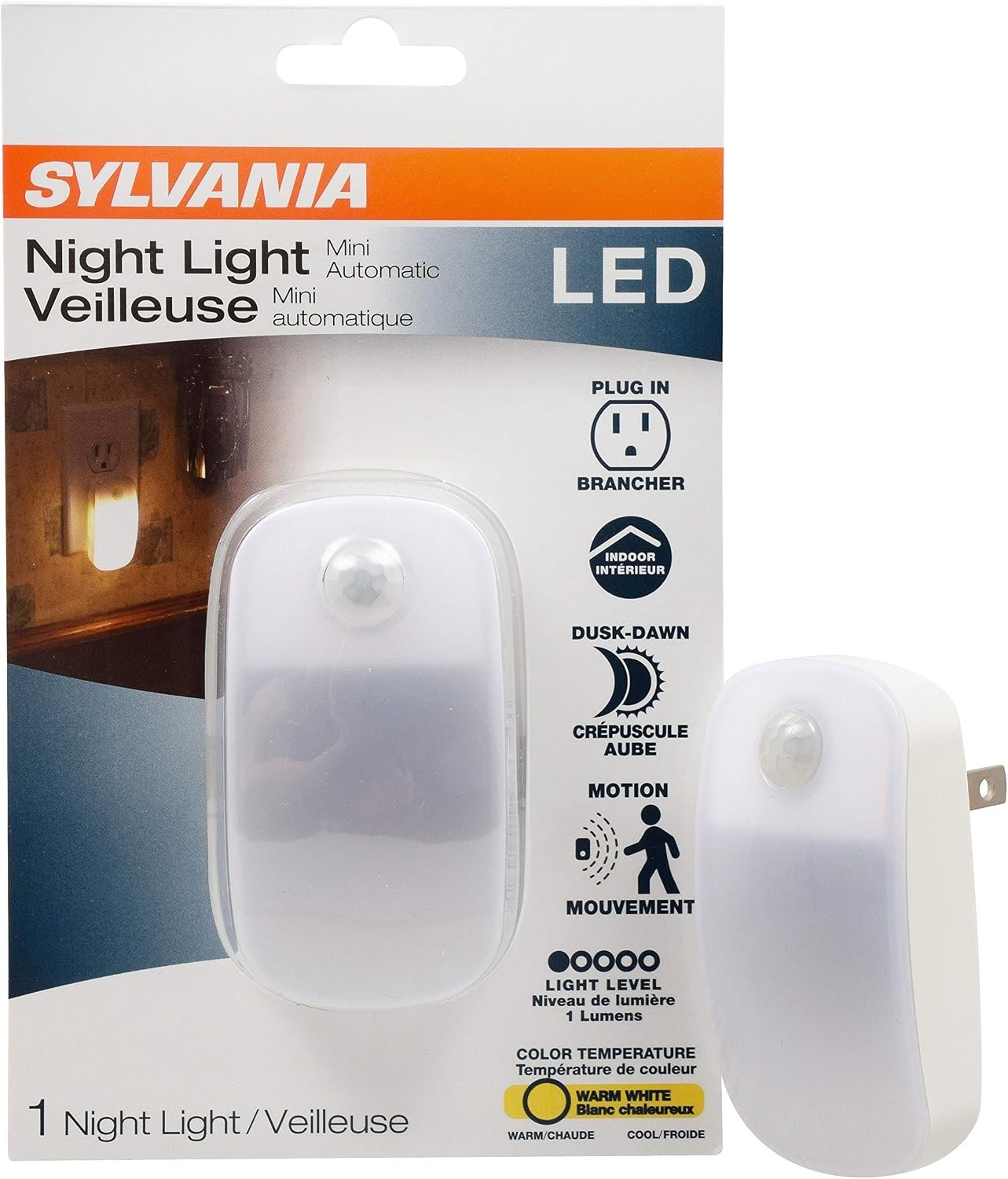 LEDVANCE Sylvania LED Mini Automatic Plug-in Night Light with Sensor, Motion Activated, Dusk to Dawn, Warm White, Plug-in Type – 1 Pack (64988)