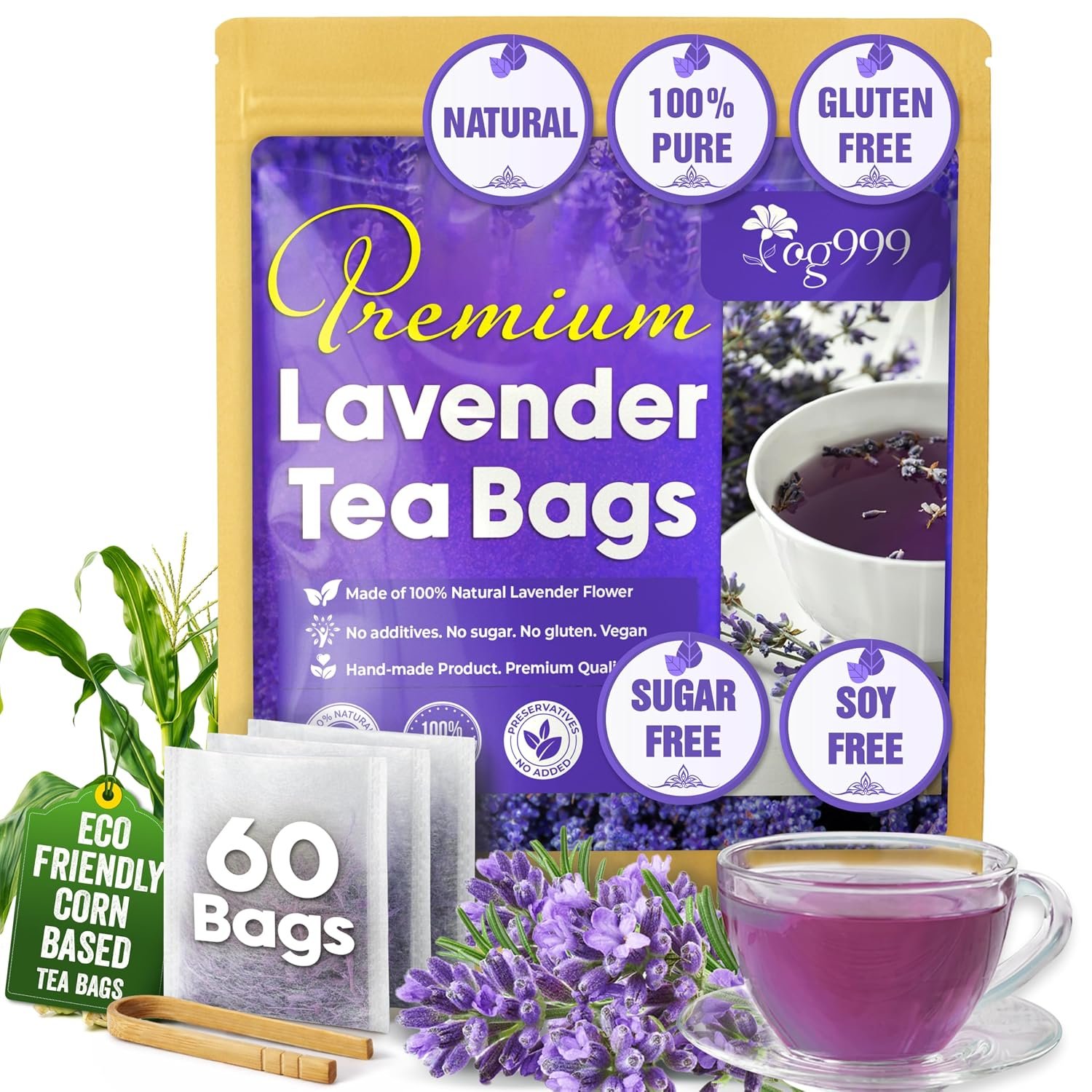 TOG999 Lavender Tea Bags, Lavender Herbal Tea, Caffeine-Free, Vegan, 60 Ct