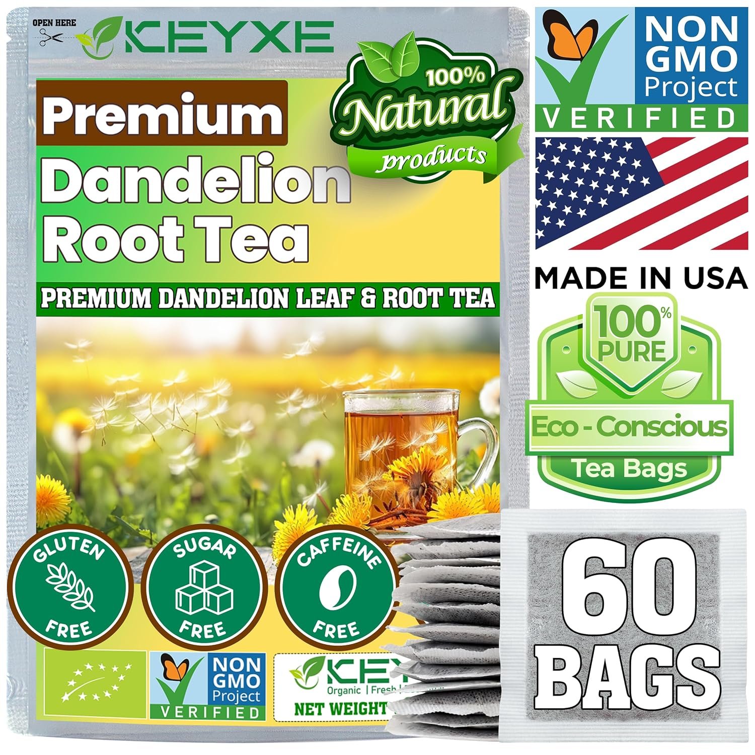 USDA Organic Dandelion Root Tea Bags , Roasted Coffee Substitute & Liver Kidney Cleanse Tea, Digestion & Bloating Relief Support, 100% Organic & Pure Dandelion Root, Non-GMO, Caffeine Free, 50 teabags Eco-Conscious Corn Fiber