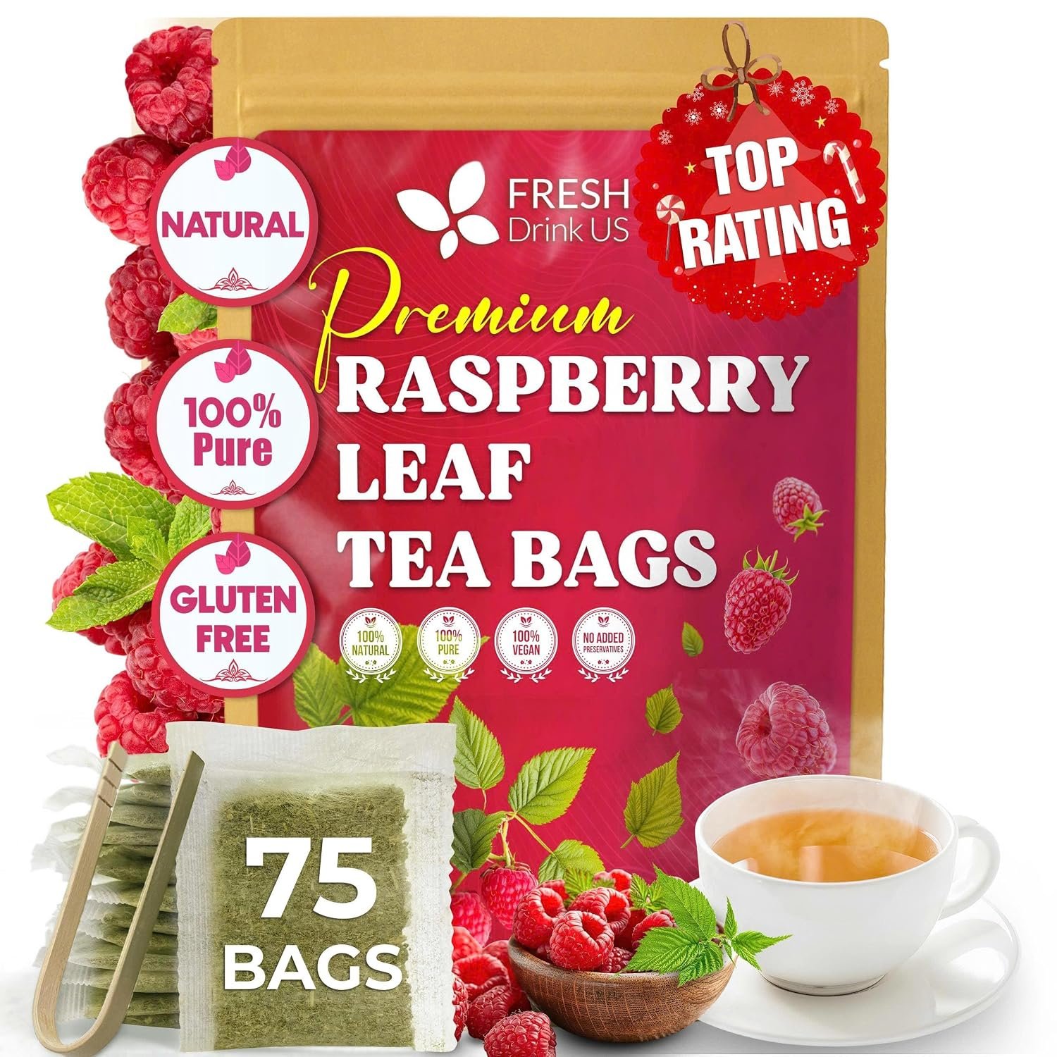 FreshDrinkUS, Premium 75 Bags Raspberry Leaf Tea with Chamomile Flavor