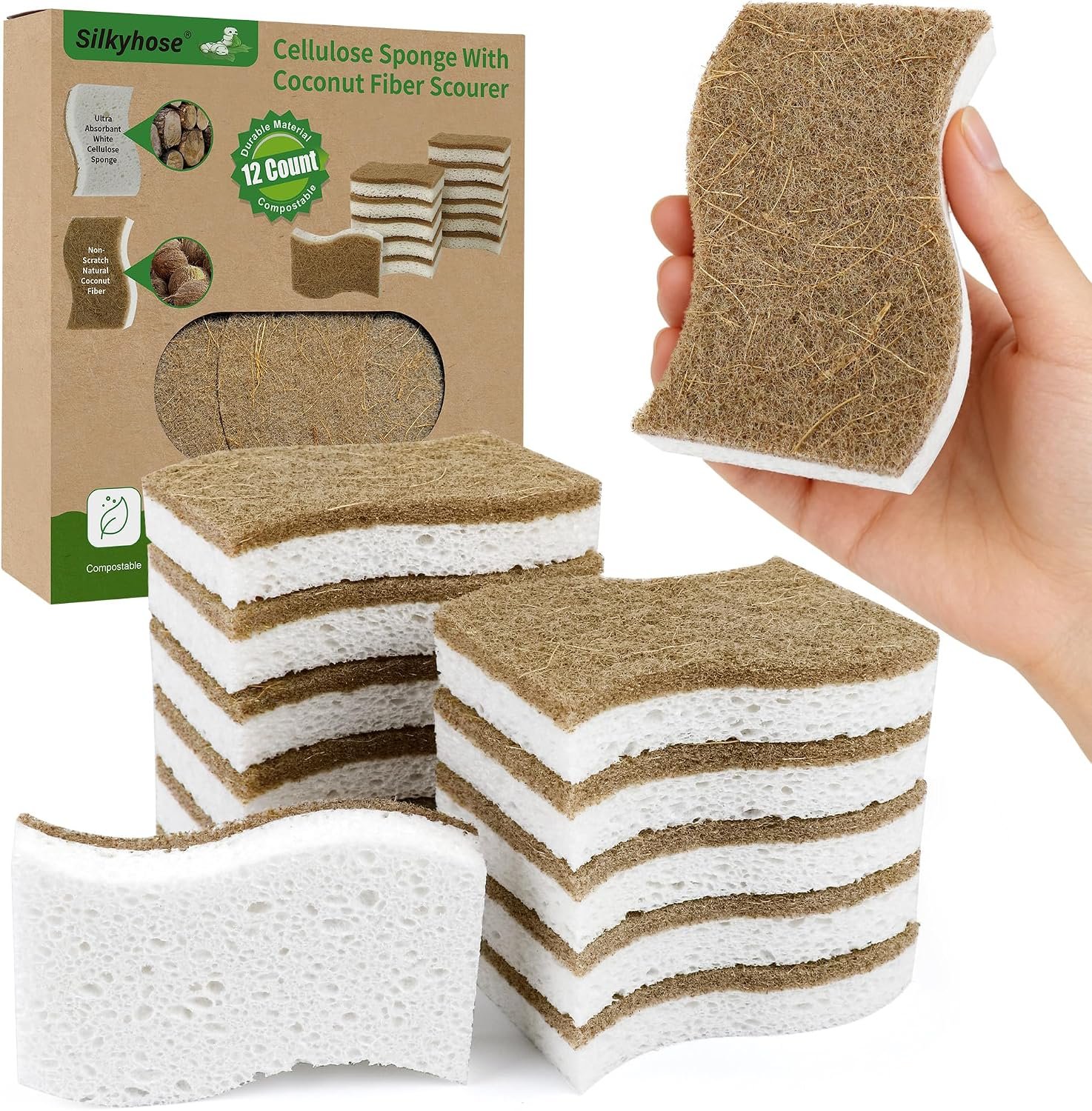 Silkyhose 12 Pack Natural Kitchen Sponges, Cellulose Coconut & Non-Scratch