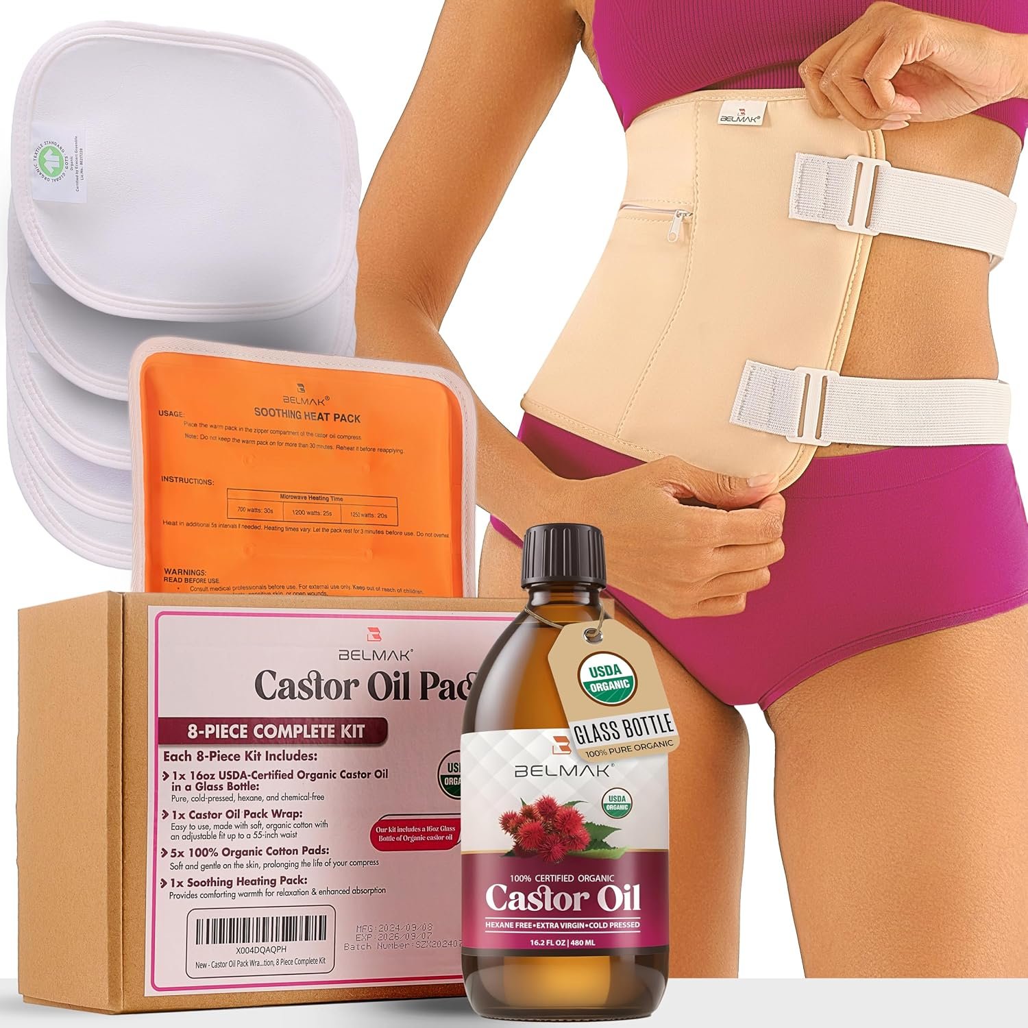 BELMAK Castor Oil Pack Wrap Kit with Organic Oil, Heat Pack, Cotton Pads