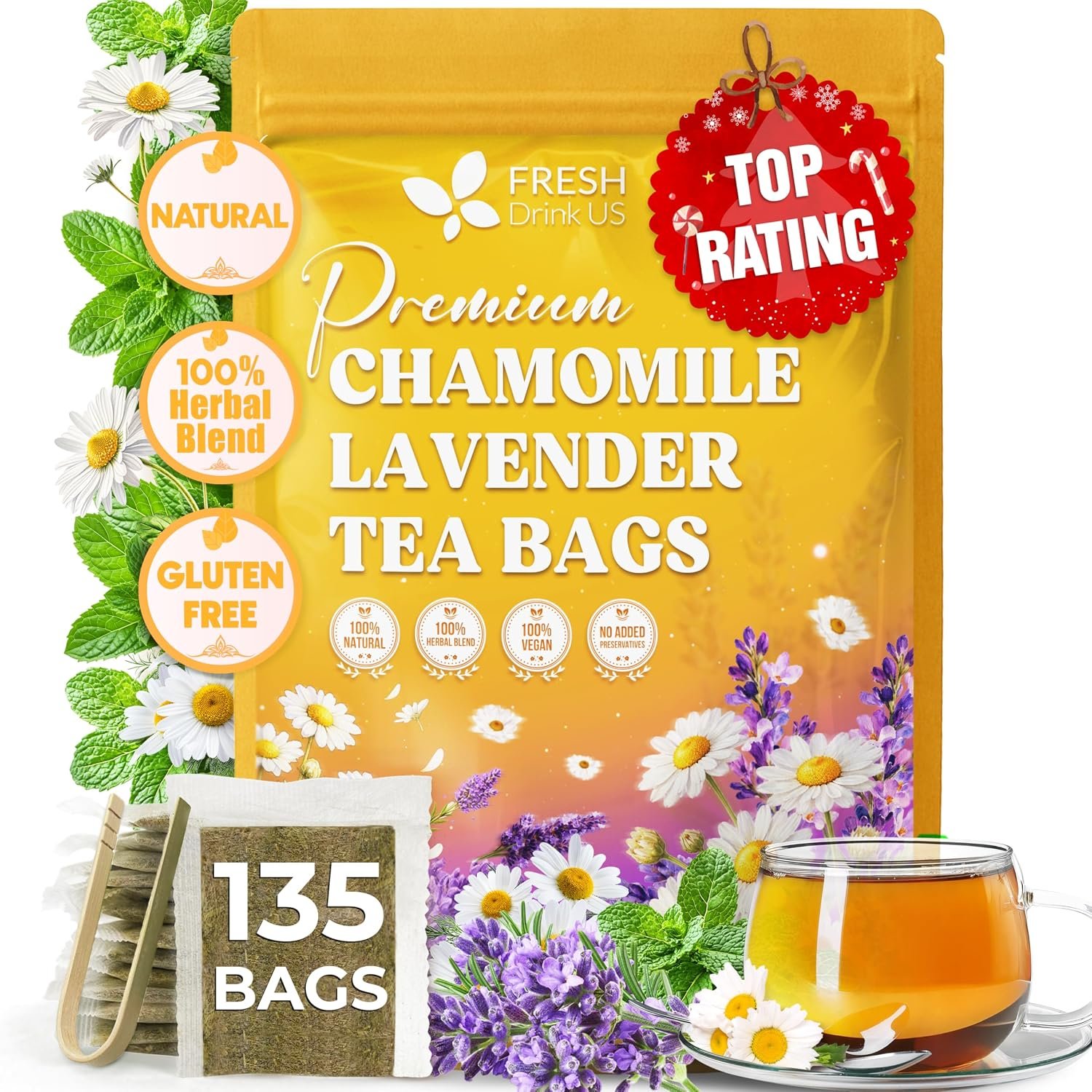 FreshDrinkUS, Premium Chamomile Lavender Tea, 135 Count, Caffeine Free