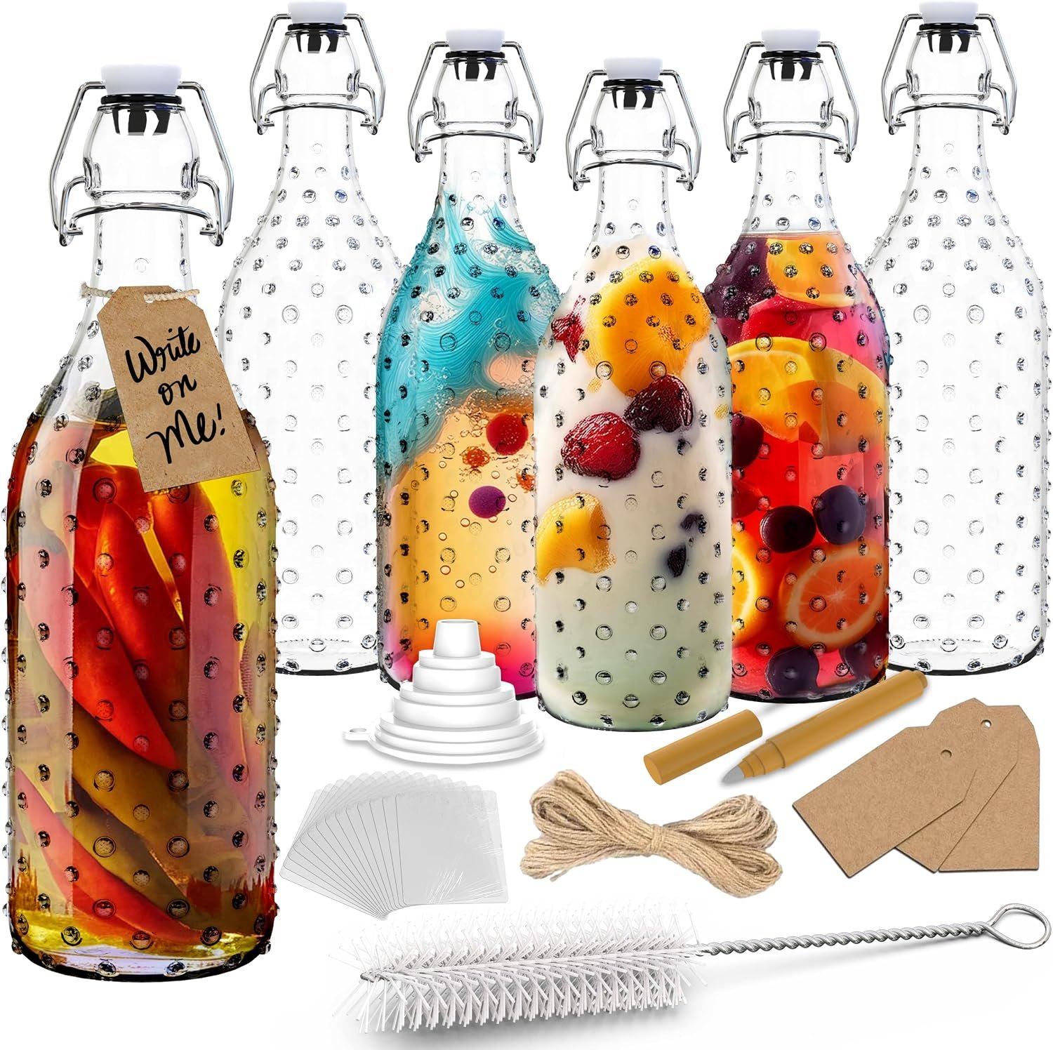 Nevlers 17 Oz Dotted Swing Top Glass Bottles with Airtight Lid 6 Pack Set