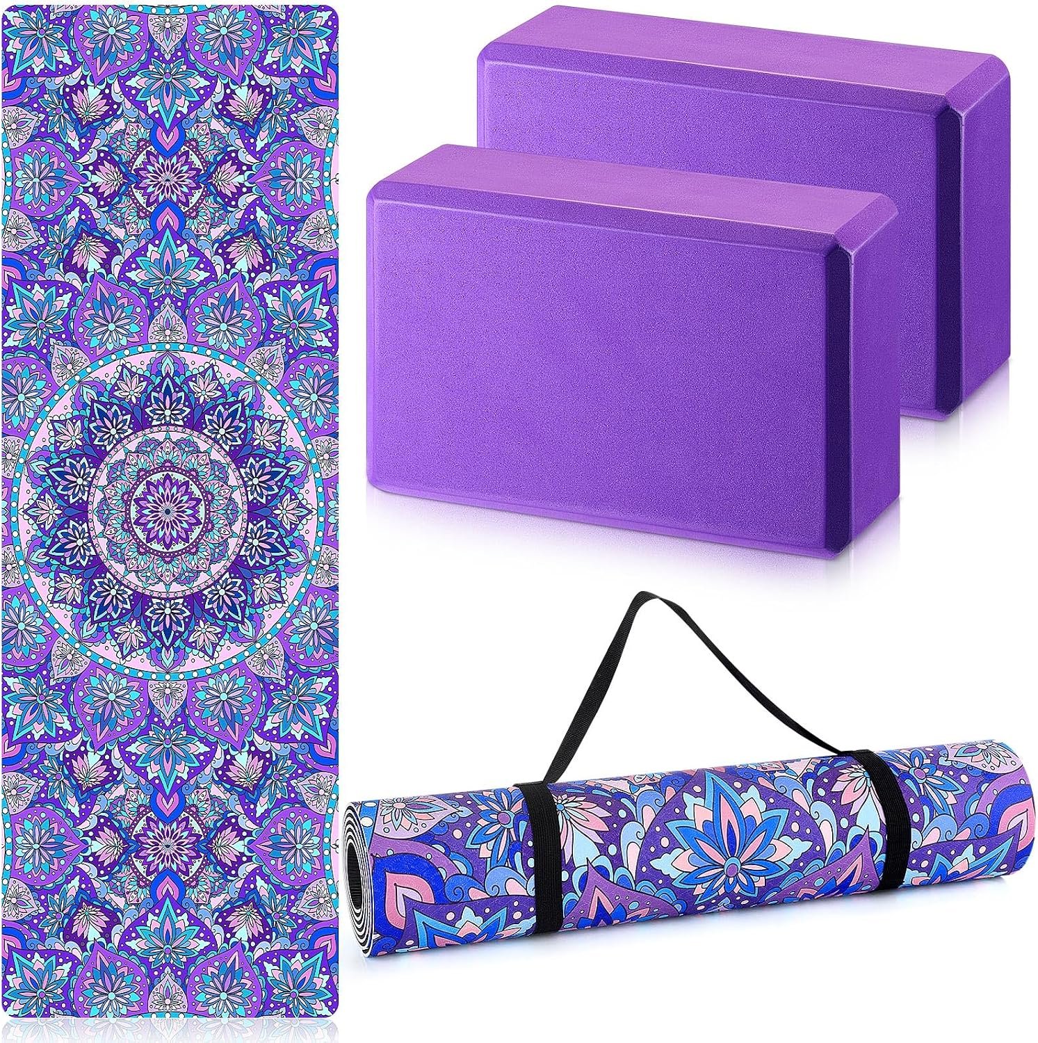Tinideya 3 Pcs Yoga Mat and Blocks Set 6mm Non Slip Strap