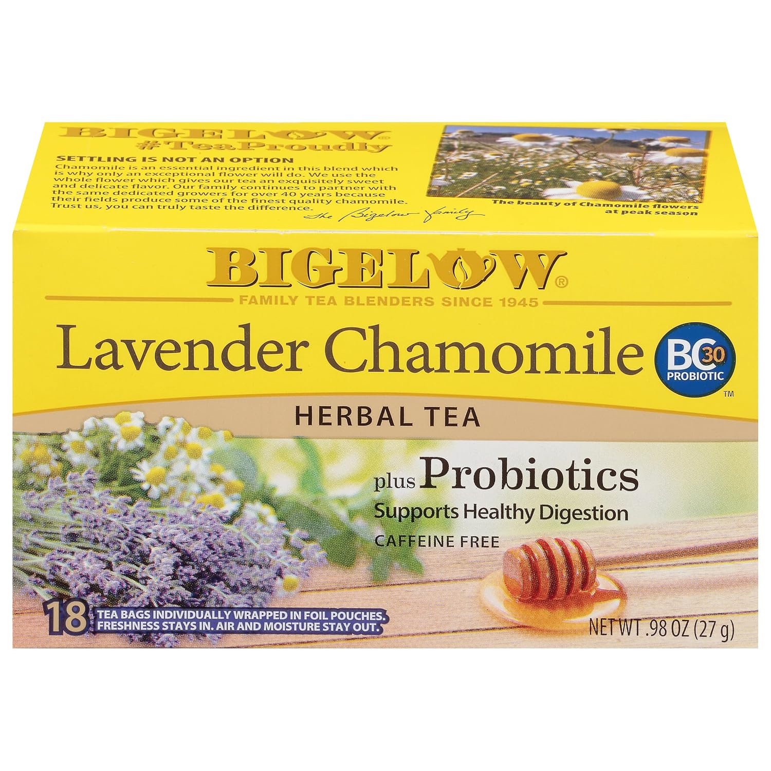 Bigelow Tea Lavender Chamomile plus Probiotic Herbal Tea, Caffeine Free, 18 Total Tea Bags (Pack of 1)