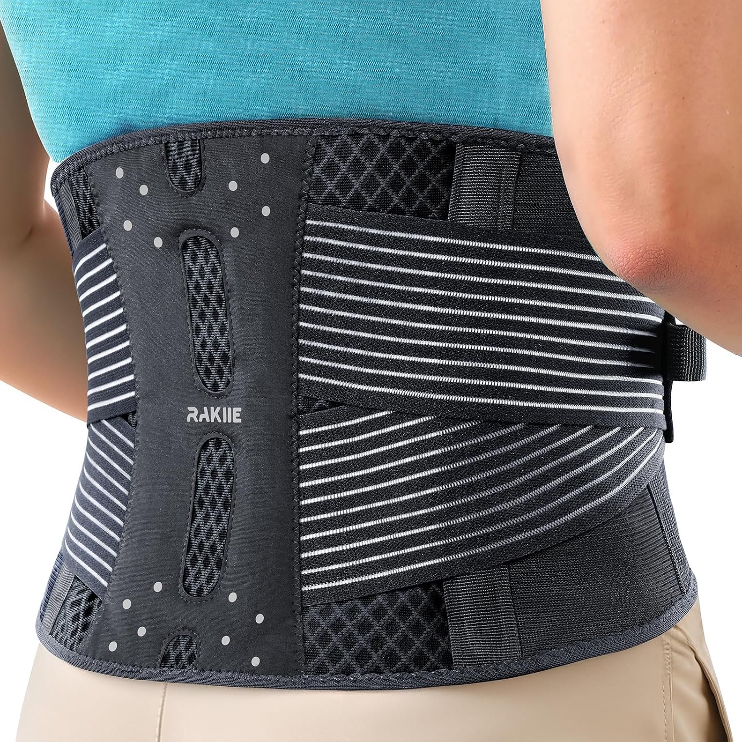 Rakiie Slim Back Brace for Lower Back Pain Relief, Light Gray