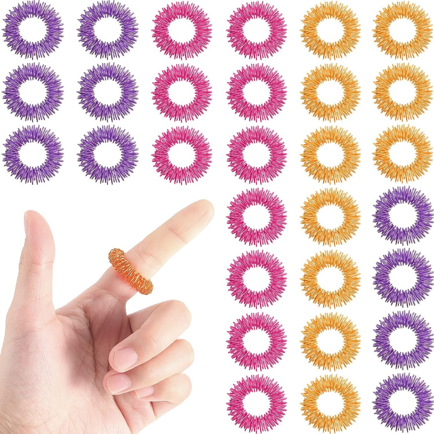 Blulu 30 Pieces Spiky Acupressure Rings,Pink, Orange, Purple